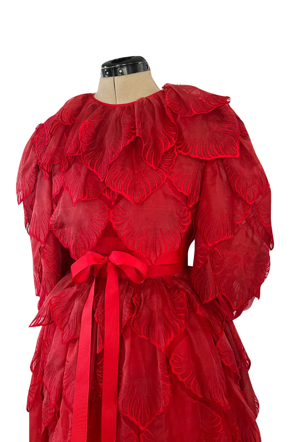 1980s Unlabeled Nina Ricci by Girard Pipard Haute Couture Red Silk & Net Leaf or Petal Dress