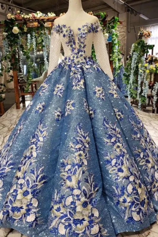 Ball Gown Prom Dresses Sheer Neck Long Sleeves Lace Up Back Sequins Appliques