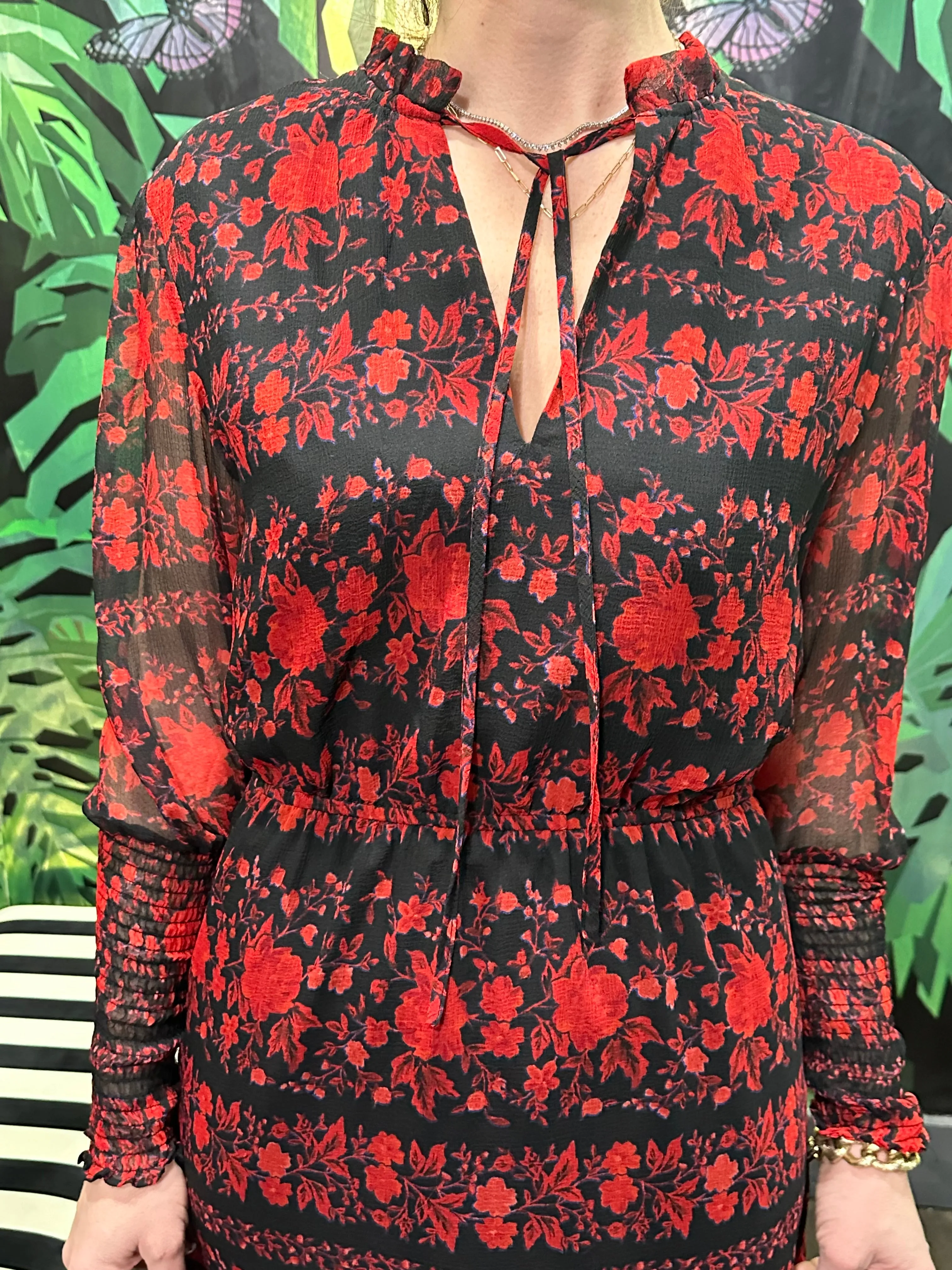 BB DAKOTA Black and Red Floral Long Sleeve Maxi Dress