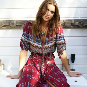 Bohemian Print Dress Beach Skirt V-neck 1/2 Sleeves Plus Size Boho Floral Dresses