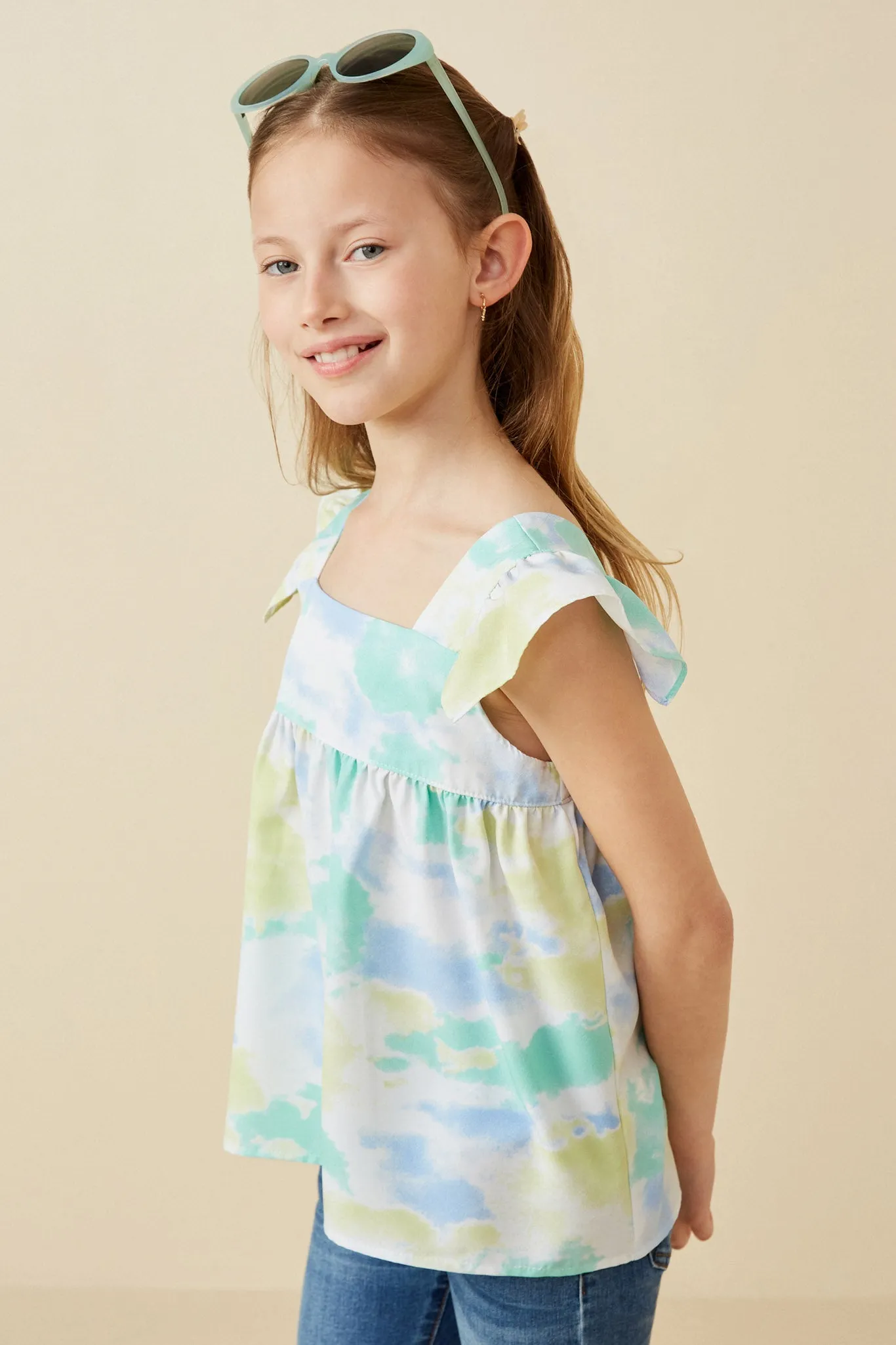 Cloudy Tie Dye Print Flutter Sleeve Square Neck Tank