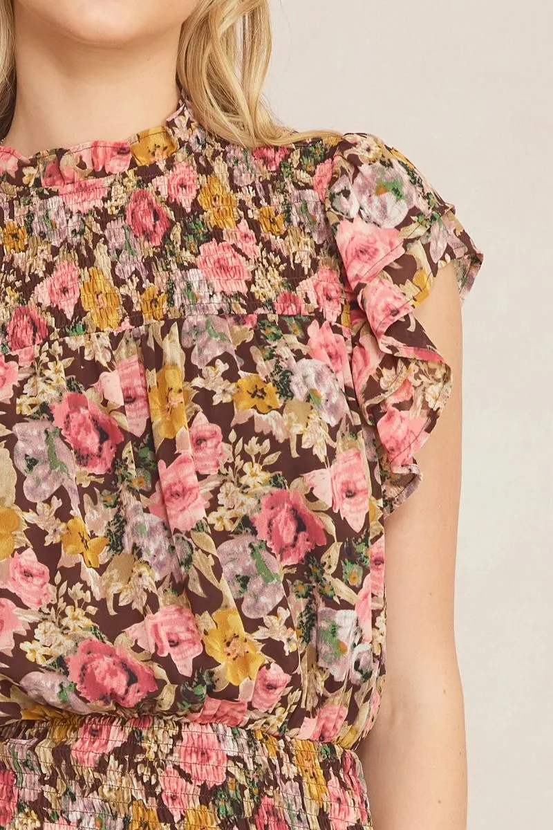 Floral Print Mock Neck Short Sleeve Mini Dress