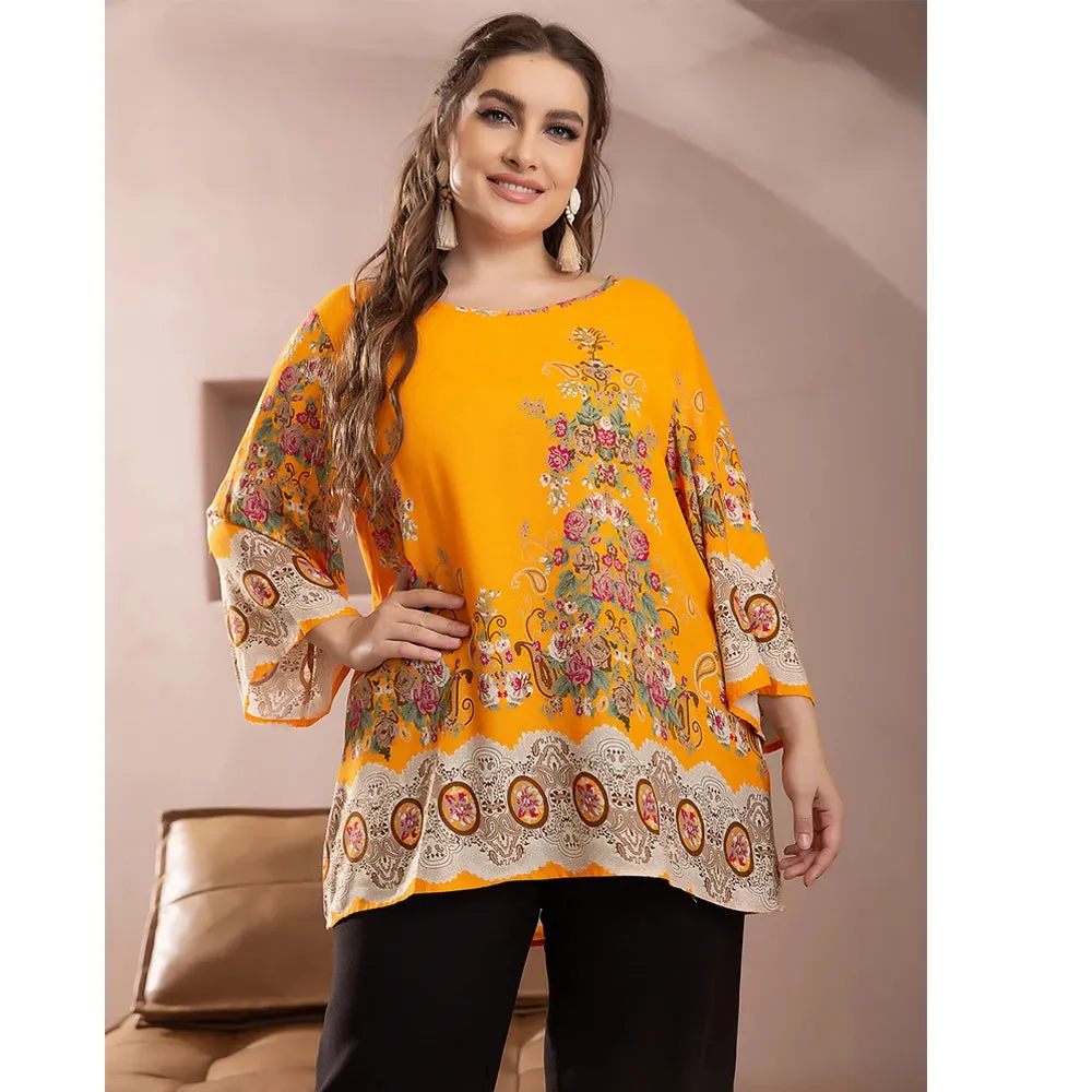 Plus Size Blouse Shirt for Women O Neck Long Sleeve Floral Print Casual Loose Blouse Oversized Tops