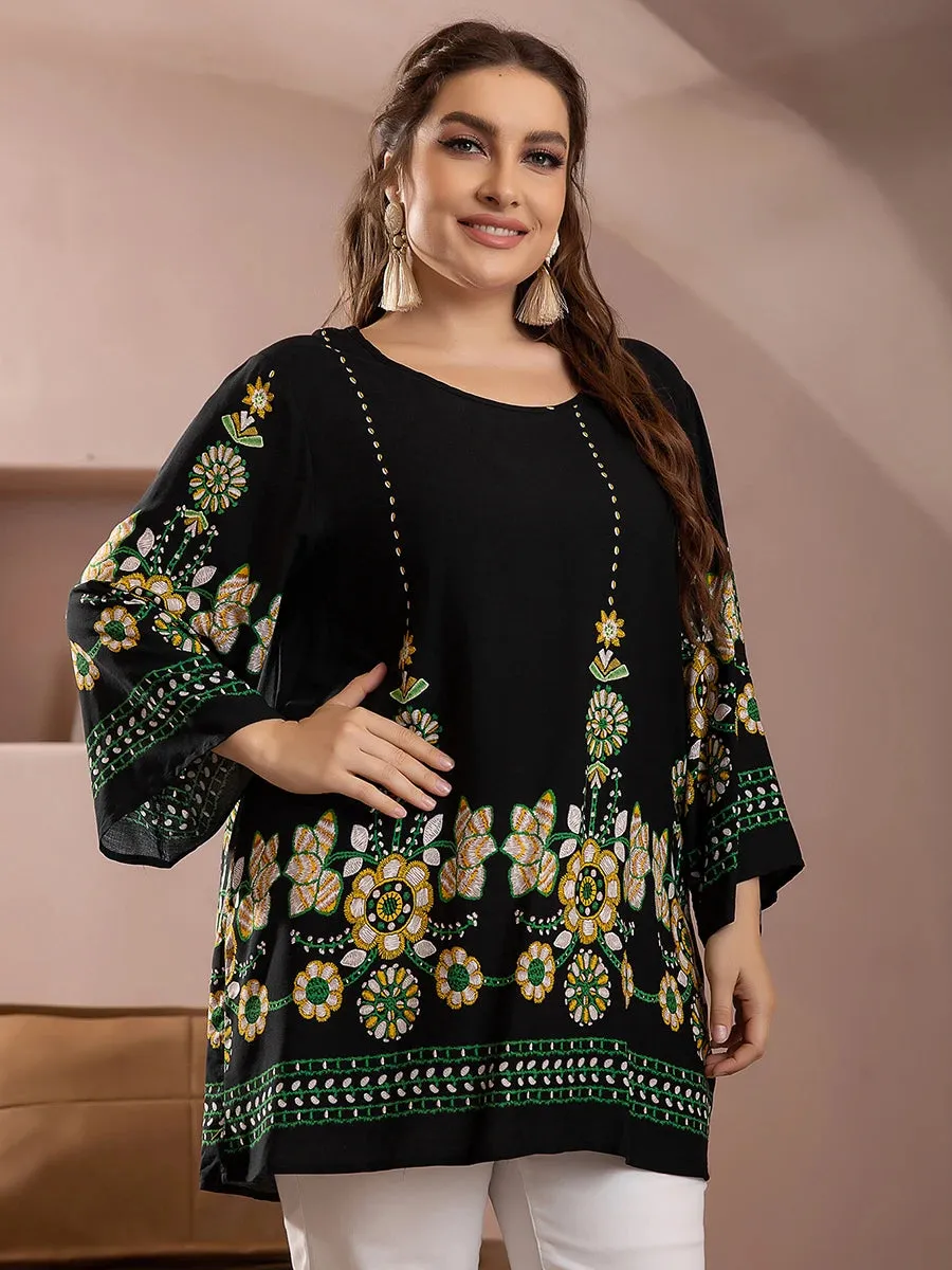 Plus Size Blouse Shirt for Women O Neck Long Sleeve Floral Print Casual Loose Blouse Oversized Tops