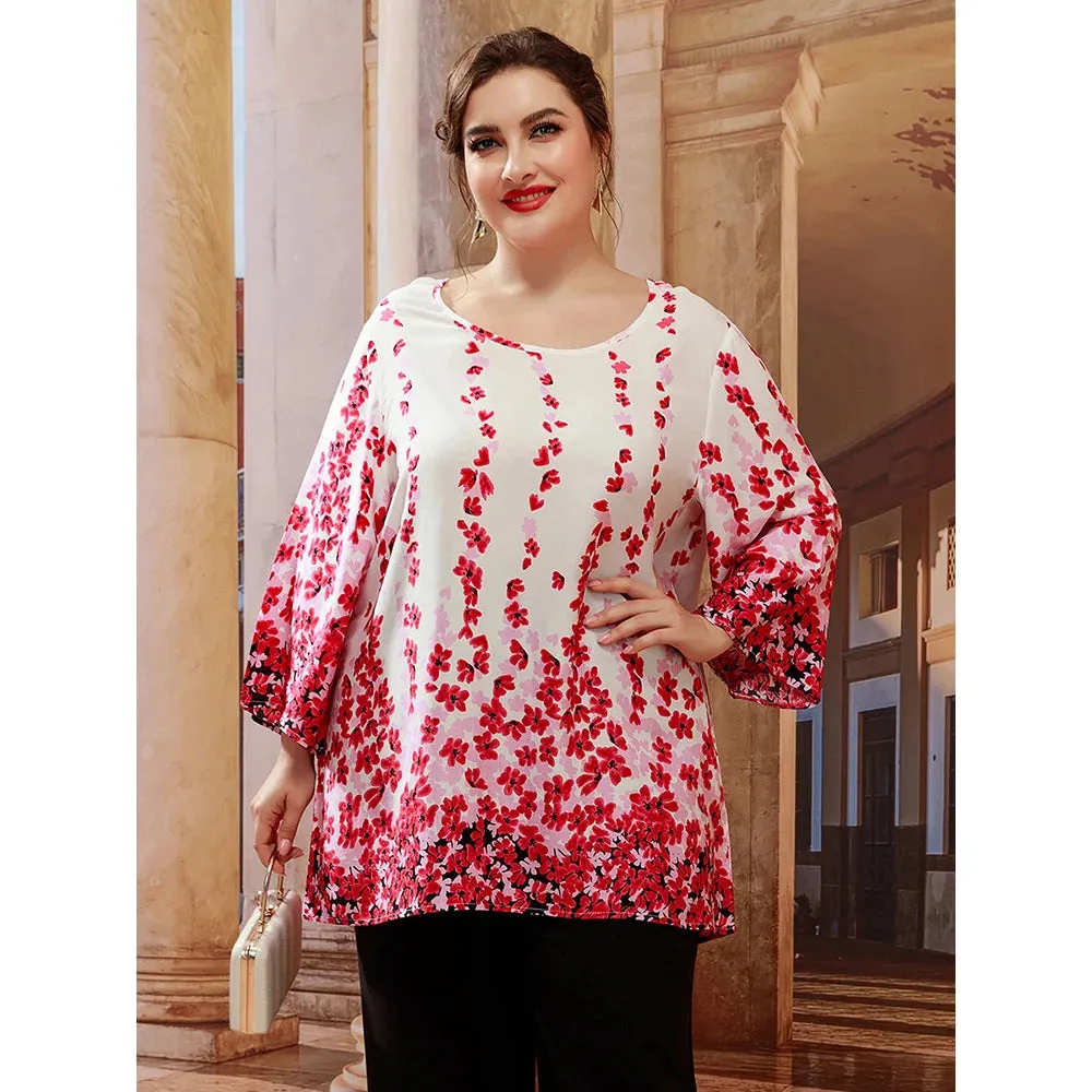 Plus Size Blouse Shirt for Women O Neck Long Sleeve Floral Print Casual Loose Blouse Oversized Tops