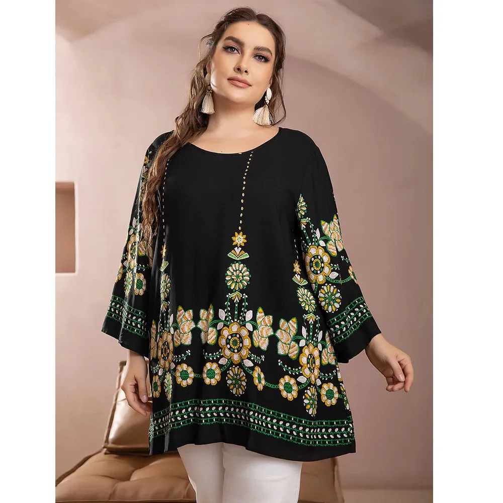 Plus Size Blouse Shirt for Women O Neck Long Sleeve Floral Print Casual Loose Blouse Oversized Tops