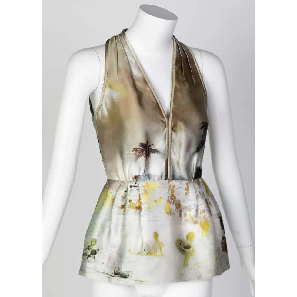 PRADA Silk Beach Print Plunge Neck Top Runway, 2010 | 38 IT