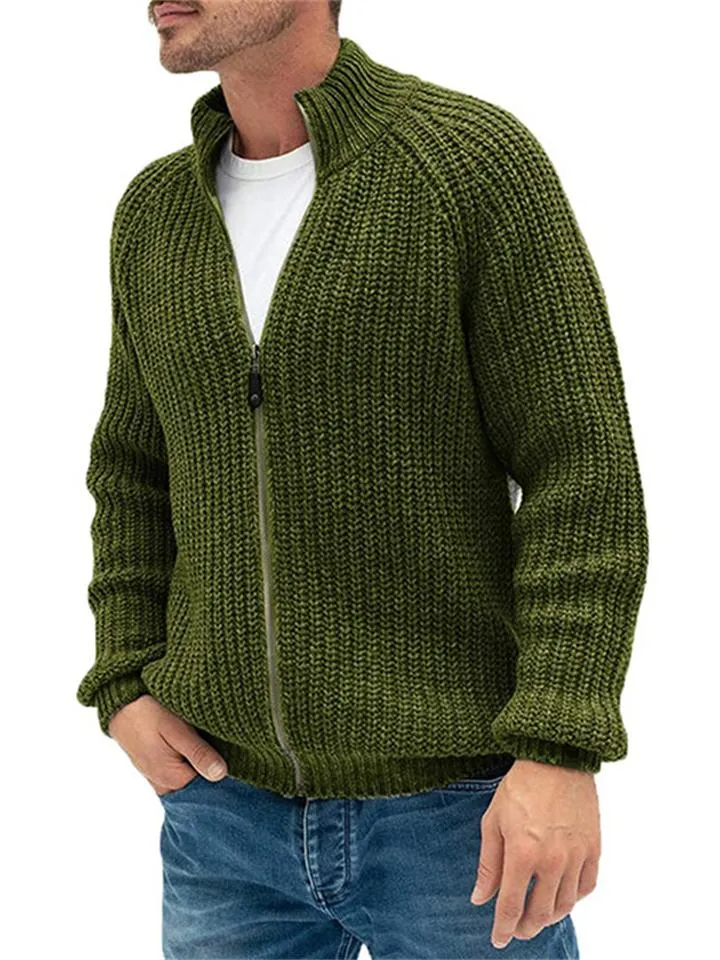Solid Color Zipper Turtleneck Knitted Cardigan Sweater