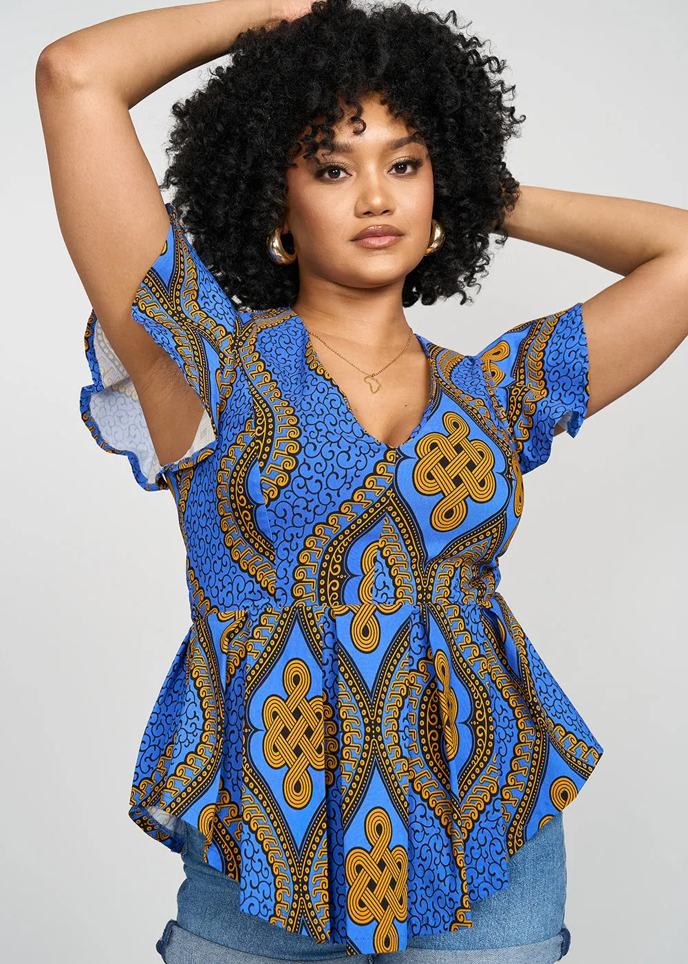 Zera Women's African Print Stretch Peplum Top (Gold Blue Motif)
